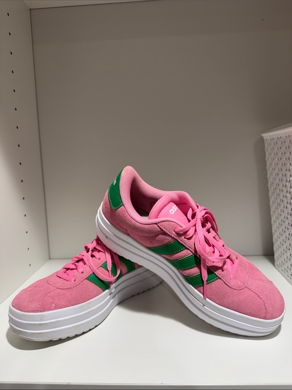 adidas Pink Suede Sneakers with Green Stripes and White Platform